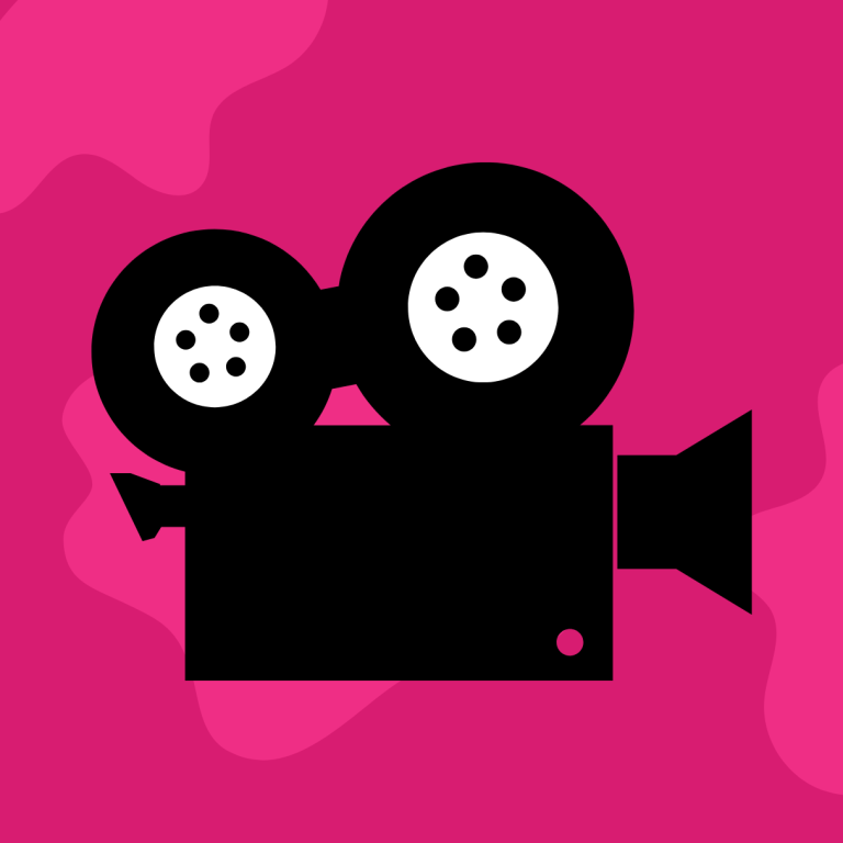 A vintage film camera silhouette on a pink background.